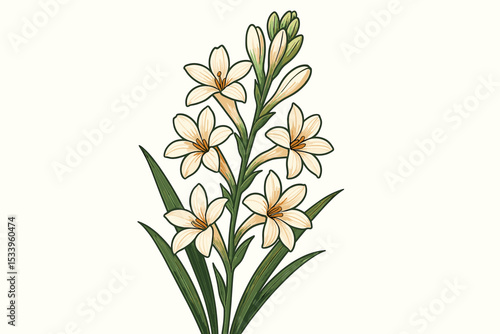 Vintage Tuberose flower illustration. Botanical vector art of Polianthes tuberosa plant with white blossoms and green leaves. Elegant floral design element for wedding or spa. Isolated fragrant bloom.