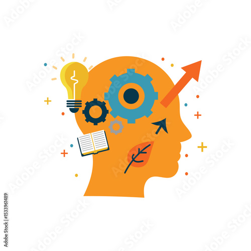 Creative thinking Mind vector, Head with lightbulb, gears, book, and arrow.