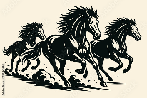 Three wild stallions galloping in a powerful herd. Black horse silhouette vector illustration. Concept of freedom, speed, untamed spirit. Equine logo symbol, graphic art.