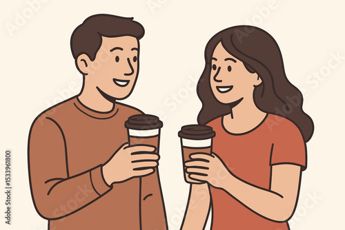 Man and woman drinking coffee from paper cups and talking. Couple on a date having a pleasant conversation. Concept of communication, friendship, and relationship. Flat character design.