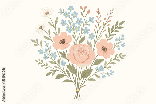 Romantic bouquet of spring flowers with rose, daisy, forget-me-not. Hand drawn vintage style vector illustration. Botanical floral design element for wedding or greeting card.