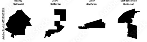 Downey, Duarte, Dublin, East Bakersfield outline maps