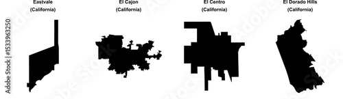 Eastvale, El Cajon, El Centro, El Dorado Hills outline maps