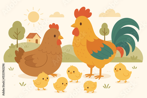 Cute chicken family illustration with hen, rooster, and baby chicks on a farm. Cartoon vector of a countryside landscape with a barn and sun. Happy farm animal characters scene.