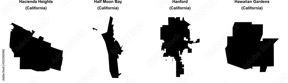 Hacienda Heights, Half Moon Bay, Hanford, Hawaiian Gardens outline maps Hacienda Heights, Half Moon Bay, Hanford, Hawaiian Gardens outline maps