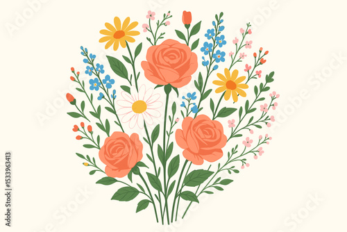 Beautiful flower bouquet illustration with roses, daisies, and wildflowers. Vector floral arrangement for spring or summer greeting cards, invitations, or wedding decorations.
