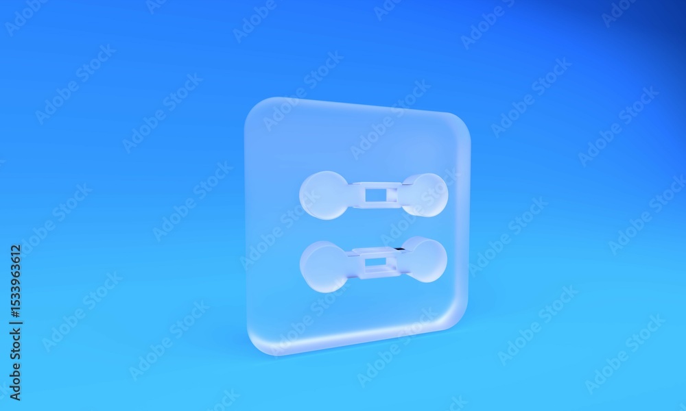 Frosted glass Dumbbell icon isolated on blue background. Muscle lifting, fitness barbell, sports equipment. Square frosted glass button. 3D render illustration Frosted glass Dumbbell icon isolated on blue background. Muscle lifting, fitness barbell, sports equipment. Square frosted glass button. 3D render illustration