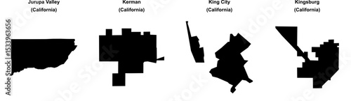 Jurupa Valley, Kerman, King City, Kingsburg outline maps