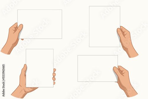 Set of hands holding blank white paper. Vector illustration mockup for presentation, flyer, or poster. Man's hand showing an empty sheet. Card display template collection.