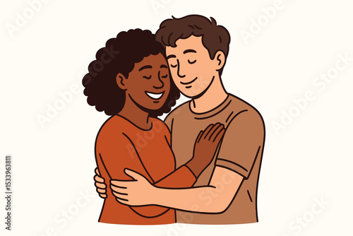 Loving interracial couple in a warm hug. African American woman and Caucasian man embrace. Concept of affection, relationship, support, togetherness, tenderness, diversity, unity.