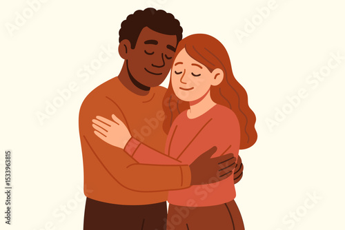 Interracial couple in a tender embrace. Black man and white woman hugging. Love, support, care, and romance concept. Diversity and relationship intimacy. Flat vector illustration.