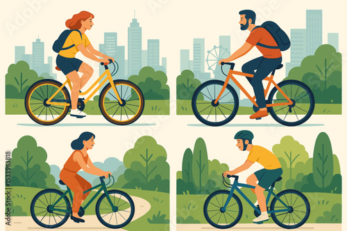 Urban cycling characters set. Man and woman riding bikes in city park. Summer outdoor activity. Healthy lifestyle, recreation and eco friendly transport concept. Flat vector illustration.