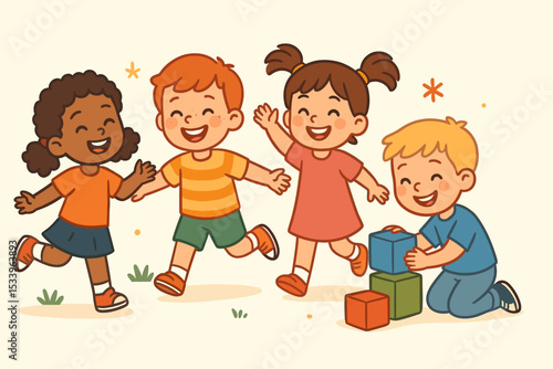 Happy diverse children playing together in a group. Multicultural friends running and building with blocks. Cute cartoon vector illustration for kindergarten, preschool, childhood.