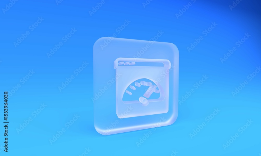 Frosted glass Digital speed meter icon isolated on blue background. Global network high speed connection data rate technology. Square frosted glass button. 3D render illustration Frosted glass Digital speed meter icon isolated on blue background. Global network high speed connection data rate technology. Square frosted glass button. 3D render illustration