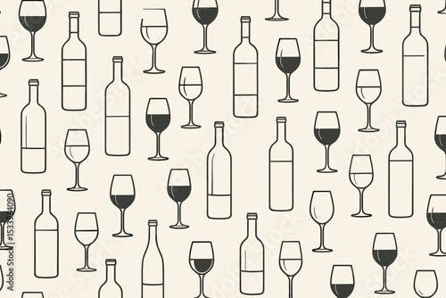 Seamless pattern with wine bottles and glasses. Minimalist line art background for winery, bar menu or wine tasting. Elegant vector illustration of alcoholic beverages concept.