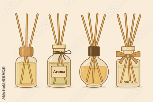 Aromatic reed diffuser collection. Vector set of glass bottles with bamboo sticks and essential oil. Home fragrance for aromatherapy, spa, and wellness. Natural cosmetic product.