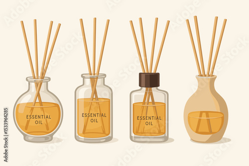 Aromatic reed diffuser set with essential oil. Vector illustration collection of home fragrance bottles with bamboo sticks. Aromatherapy, wellness, and spa relaxation concept.