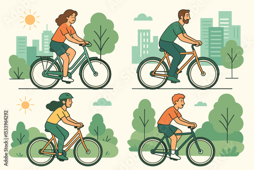 People riding bicycles vector illustration set. Man, woman, and boy cycling in the city and park. Urban summer activity, healthy active lifestyle, and eco-friendly transport concept.