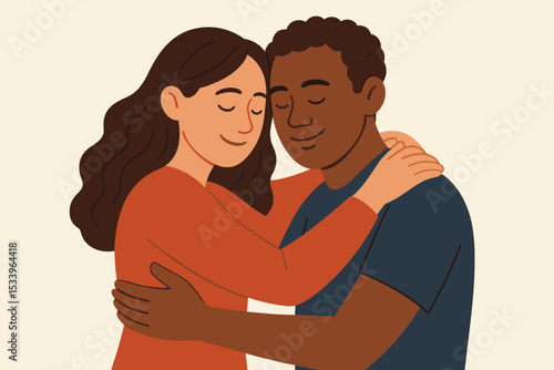 Loving interracial couple in a tender embrace. Diverse man and woman hugging with affection. Concept of relationship, love, support, intimacy, care, and mental wellbeing.