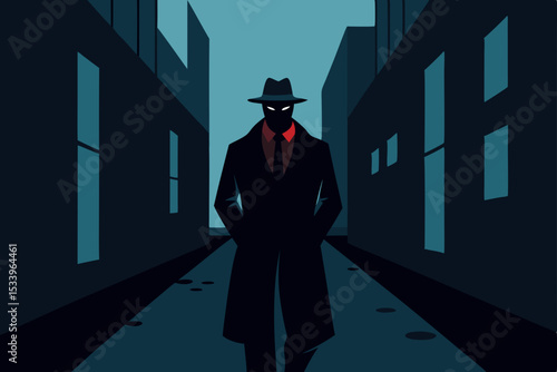 Vintage film noir style silhouette of a person in a hat and coat against a moody city night sky