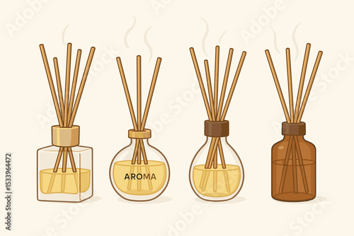 Collection of reed diffusers with bamboo sticks. Glass bottles with essential oil for home fragrance. Aromatherapy, spa, wellness and relaxation concept. Flat vector illustration.