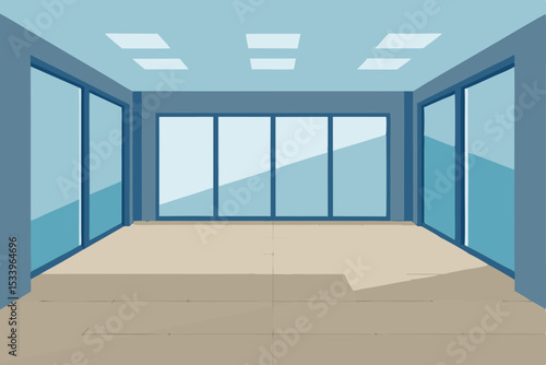 Spacious empty white room interior with large windows and light wood floor