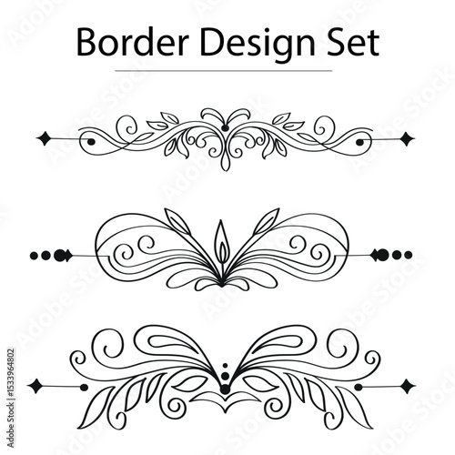 Decorative line borders, elegant design elements. Vector set of ornate patterns for invitations, certificates, documents. Vintage, swirls, flourishes. Black on white, intricate, detailed