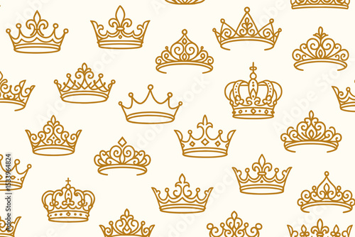 Regal crowns seamless pattern. Luxury gold line art collection of king, queen, princess tiaras. Royal vector background with elegant doodle symbols for decorative wallpaper.