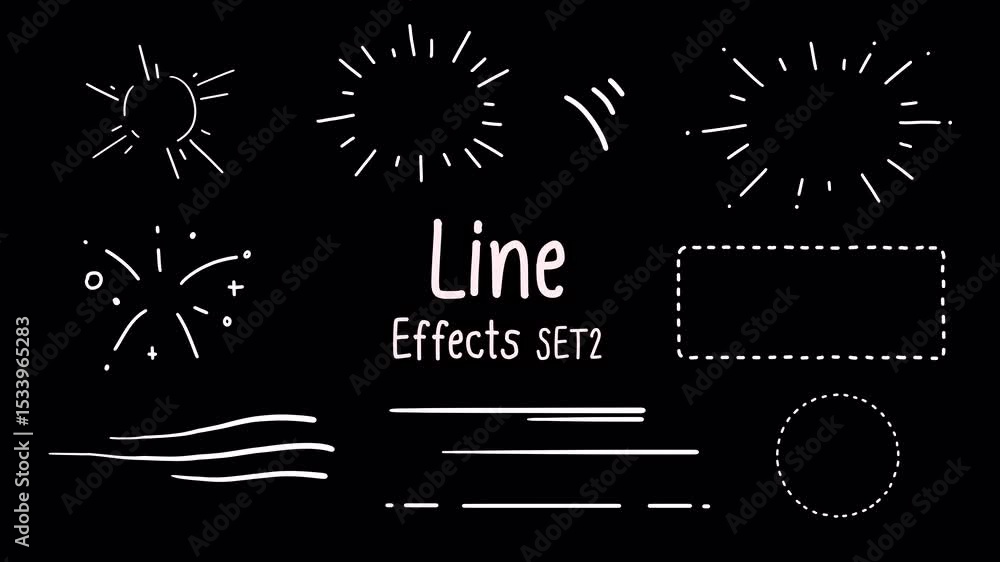Set 2 of line effects, pop and move around the frame, circle burst ray, radiant, dash round running lines, swoosh, underline, sparkle, Hand-drawn animation on a transparent background, alpha channel