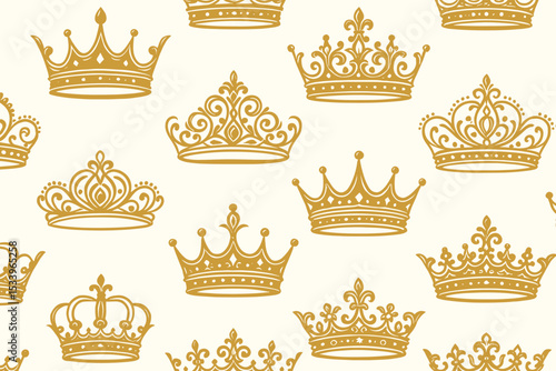 Gold crowns seamless pattern. Royal vintage background with king, queen and princess tiaras. Luxury monarch heraldic symbols. Ornate filigree decorative vector wallpaper design.
