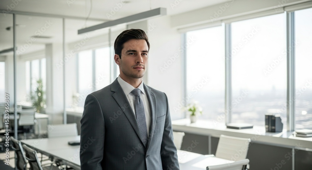 Confident Businessman Gray Suit Office Setting modern office Confident Businessman Gray Suit Office Setting modern office