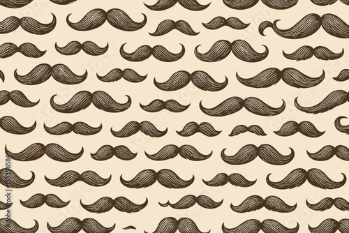 Vintage mustache seamless pattern vector. Hand drawn background with different retro moustaches. Hipster gentleman style wallpaper design for barbershop. Funny classic facial hair.