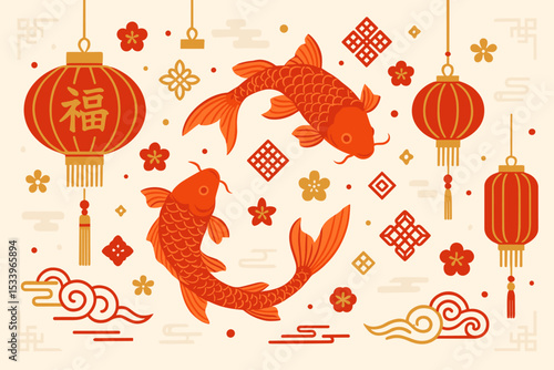 Chinese New Year background with koi fish and lanterns. Traditional Lunar New Year celebration vector illustration with lucky carp, flowers, clouds and the character Fu for 'Fortune'.