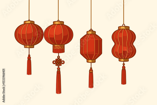 Set of traditional red Chinese lanterns with gold details and tassels. Hanging paper lamps for Chinese New Year celebration. Asian festival decoration vector illustration concept.