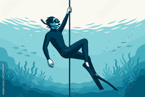 Freediver ascending along a guide rope. Man in a wetsuit practicing breath-hold diving. Underwater adventure in the deep blue ocean. Extreme water sport vector illustration.