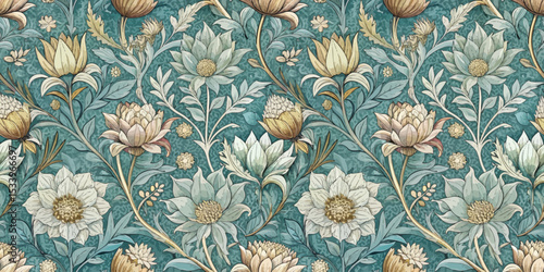 Intricate floral wallpaper design featuring light and muted tones.