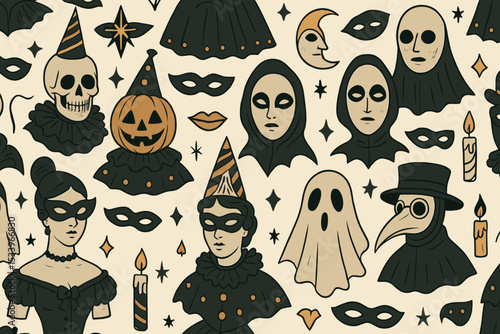 Creepy Halloween seamless pattern with masquerade carnival elements. Vintage vector illustration of spooky party costumes, skull, pumpkin, plague doctor mask, ghost and magic symbols.