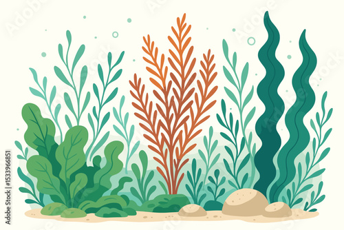 Vibrant underwater ocean bottom landscape with colorful seaweed, kelp, and marine plants. Cartoon seafloor background illustration. Aquatic nature ecosystem with sand, rocks and bubbles.