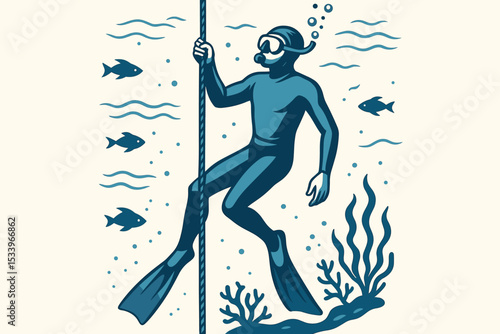Scuba diver holding a rope during decompression stop or ascent. Man in wetsuit exploring the ocean. Underwater world with fish and seaweed. Vector illustration for diving sport.