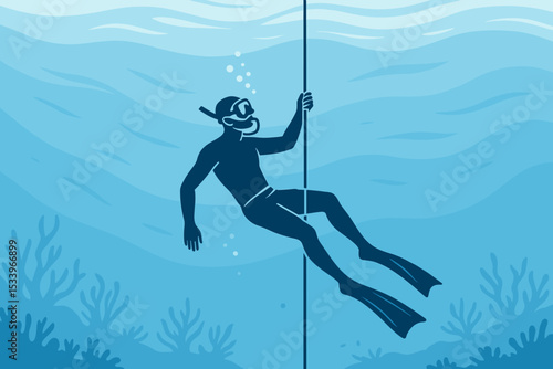 Freediving training illustration. Diver silhouette holding a rope, descending into the deep blue ocean. Concept of apnea, sport, adventure, and underwater exploration. Vector.