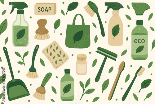 Seamless pattern with eco friendly cleaning products. Zero waste lifestyle concept. Collection of natural household items for green home. Sustainable living vector illustration.