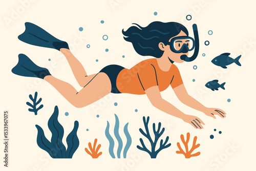 Woman snorkeling underwater, swimming with fish near a coral reef. Summer vacation, ocean adventure, and travel lifestyle concept. Flat modern vector illustration of a diver.