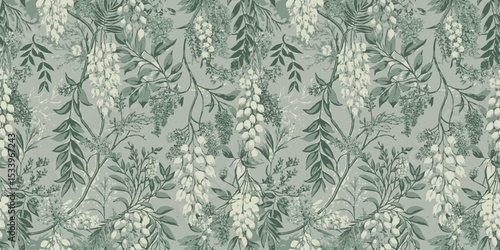 Intricate floral pattern in soft greens on a muted background.