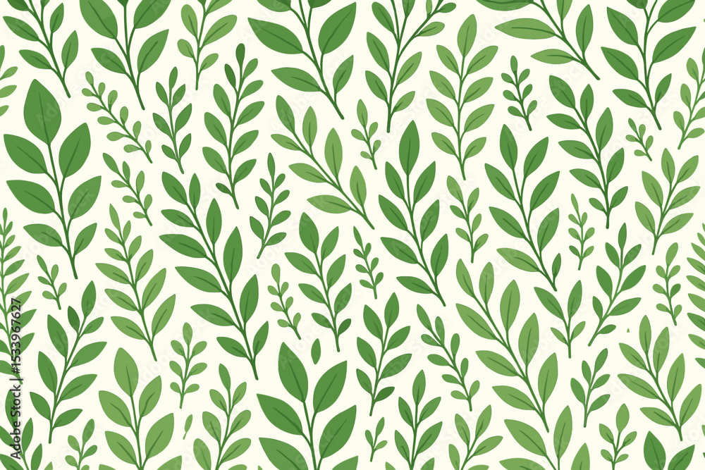 Green leaves seamless pattern. Botanical vector background with hand-drawn style foliage. Natural, organic design for textile, wallpaper, fabric print, and eco-friendly projects. Green leaves seamless pattern. Botanical vector background with hand-drawn style foliage. Natural, organic design for textile, wallpaper, fabric print, and eco-friendly projects.