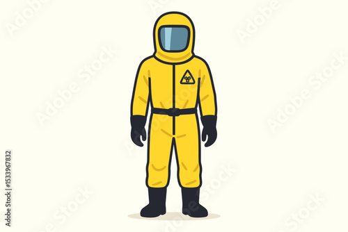 Man in a yellow hazmat suit with biohazard symbol. Worker in full body protective clothing for safety. Concept for pandemic, radiation, toxic danger, quarantine, virus, and PPE.