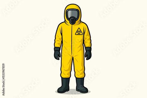 Yellow hazmat suit with biohazard symbol. Man in protective clothing with gas mask. Concept for safety, virus, pandemic, radiation, chemical hazard. Vector isolated illustration.