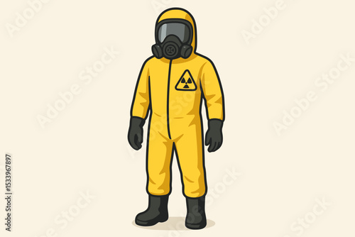 Person in yellow hazmat suit, protective chemical gear with gas mask and radioactive symbol. Nuclear radiation biohazard safety concept. Quarantine, contamination, toxic danger.