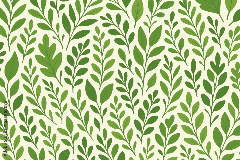 Lush green foliage seamless pattern. Botanical vector illustration with various leaves and branches. Natural organic background for textile, wallpaper, and wrapping paper design. Lush green foliage seamless pattern. Botanical vector illustration with various leaves and branches. Natural organic background for textile, wallpaper, and wrapping paper design.