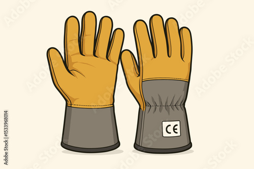 Industrial safety gloves vector illustration. Pair of protective work gloves for construction or manufacturing. Personal Protective Equipment (PPE) icon with CE mark certification.
