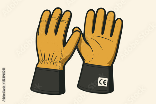 Industrial safety gloves vector. Pair of yellow leather work gloves for construction and manual labor. Personal Protective Equipment, PPE. Concept of protection, with CE safety mark.